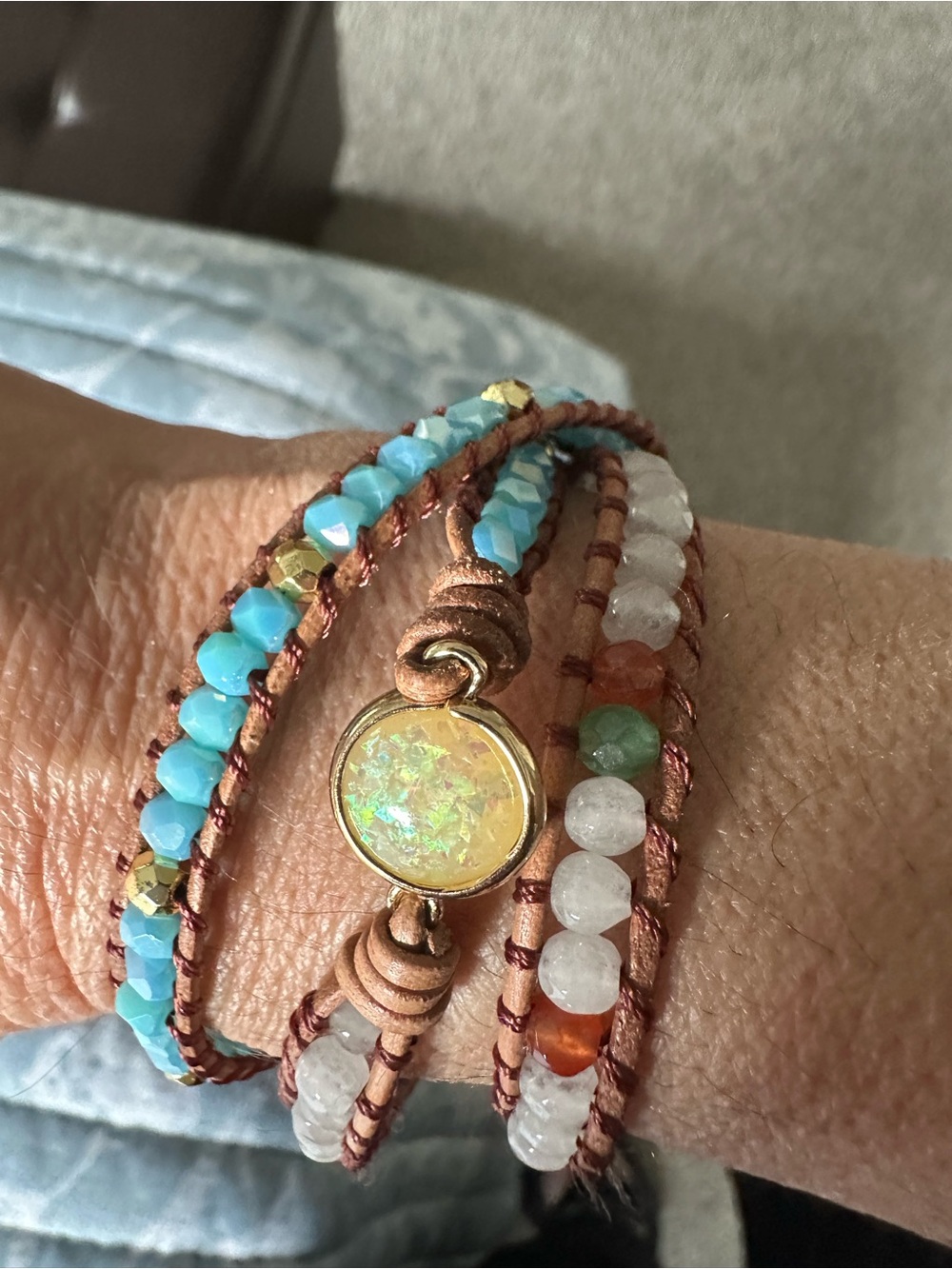 Handcrafted Brown Leather Wrap Bracelet with Opal Center and Turquoise Beads
